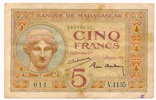 MADAGASCAR banknote 5 Francs 1937 VF+ Choice Very Fine