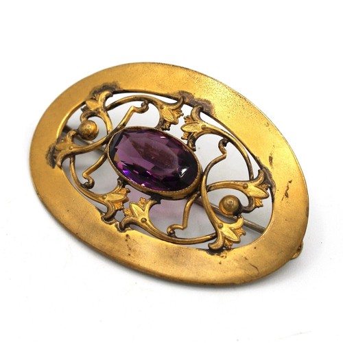Victorian Amethyst Purple Glass Brooch Sash Pin Ornate Brass C Clasp Antique