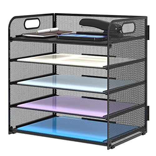 5 Trays Paper Organizer with Handle - Mesh Desk 1 Black Mesh Organizer - Picture 2 of 7