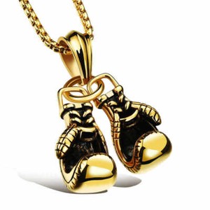 Authentic LARGE pendant BOXING GLOVES 18K GOLD plated NECKLACE men 24" CHAIN GYM SPORT