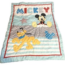 Disney Babies Mickey Pluto Crib Blanket Quilt Baby Bedding 30x40" Chevron Blue