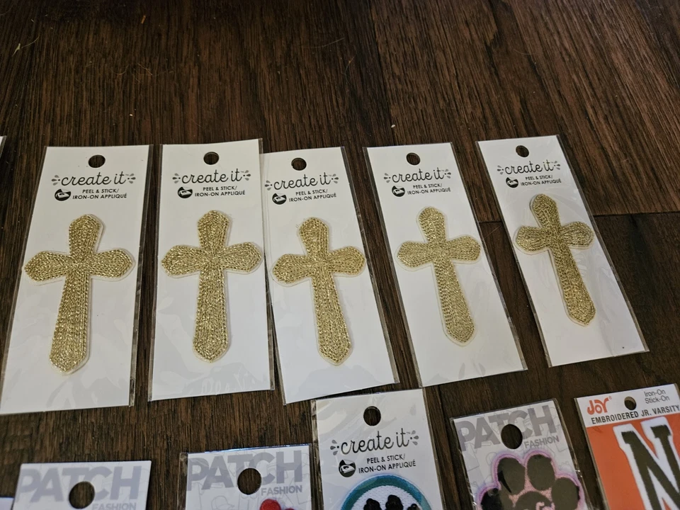 Iron On Patches Gold Cross, Letters Hearts, Alien Embroidered New Sealed - Image 3 of 4