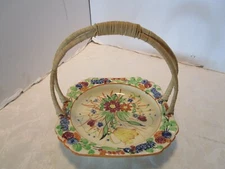 Vintage Maruhon Ware Majolica Tidbit tray Rattan Handle Hand painted Japan 1940s