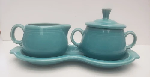 Turquoise Fiestaware Cream And Sugar Set With Tray