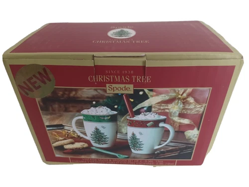Spode Christmas Tree Vintage Set/2  12 Oz Mugs With Spoons NWT