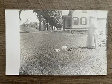 Early 1900’s Collins House, 3 Puppies in Yard - Antique Real Photo Postcard RPPC