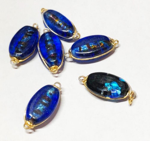 6 Iridescent Venetian Murano Blue long Beads gold wired with loops Vintage old - Picture 3 of 3