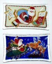 Peggy Karr 2 Fused Glass 9.75" Plates Santa Sleigh Reindeer & Christmas Cookies