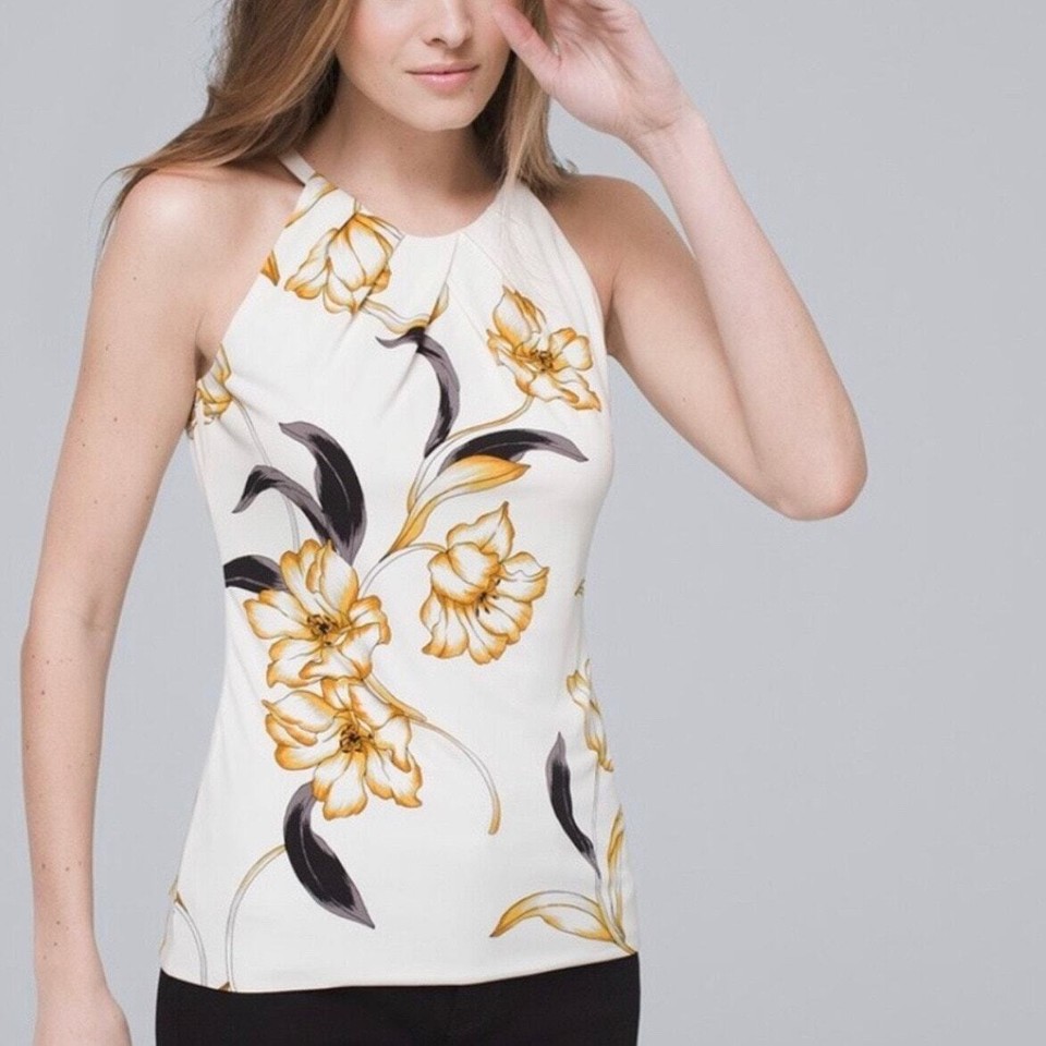 White House Black Market White Floral Halter Blouse Sz L eBay