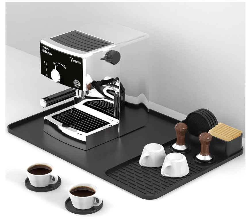 Silicone Coffee Mat 24"x16" with 6 Coasters, Fits Under Espresso Machine
