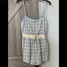 NWOT Le Lis Blue and white checked shorts romper small