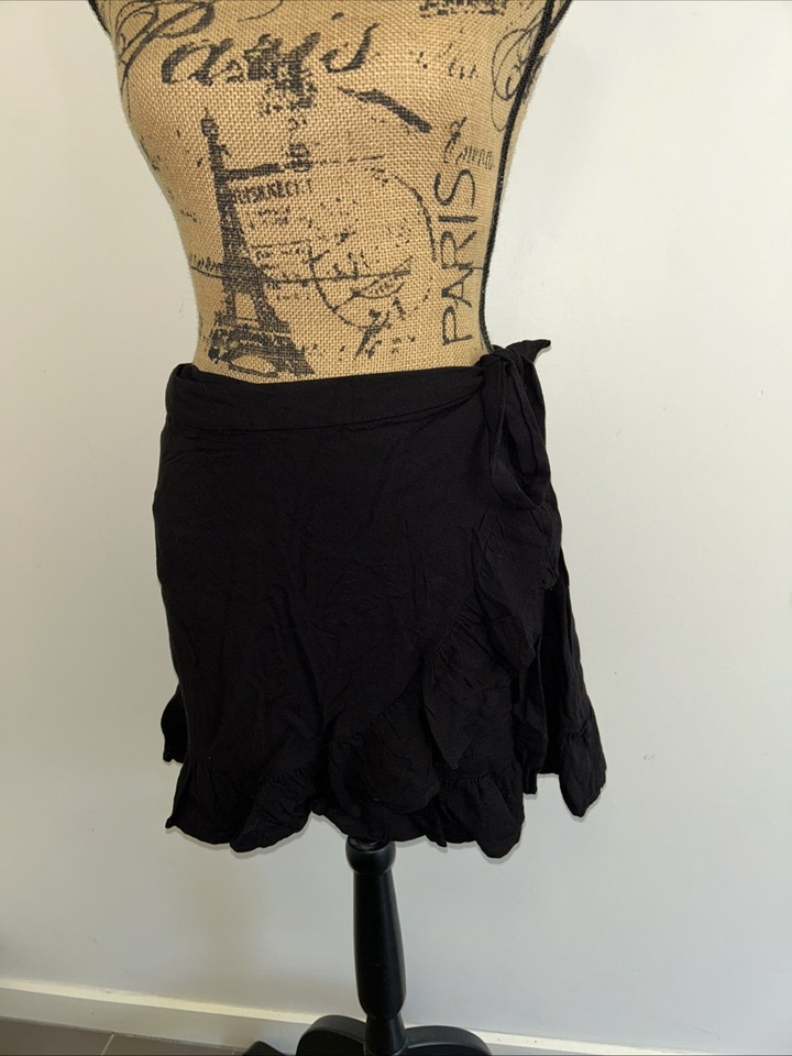 Lily Loves Womens Sz AU 10 Mini Wrap Skirt Black Tie Ruffle Hem Viscose VGC
