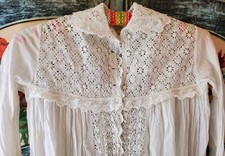Antique Long Cotton Nightgown w/ Fancy Eyelet Bodice Front Panel - XS/S
