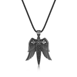 Gray Ion Plated Stainless Steel Angel Wing and Sword Pendant with Black CZ - 24"