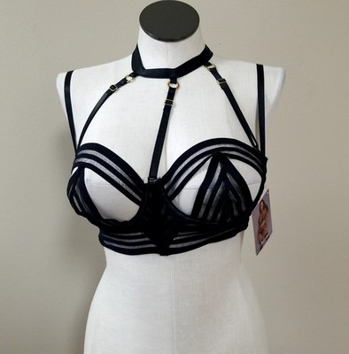 NWT Dreamgirl Sz Medium Black Sheer Multi Crossbands Bra See-Through 12160