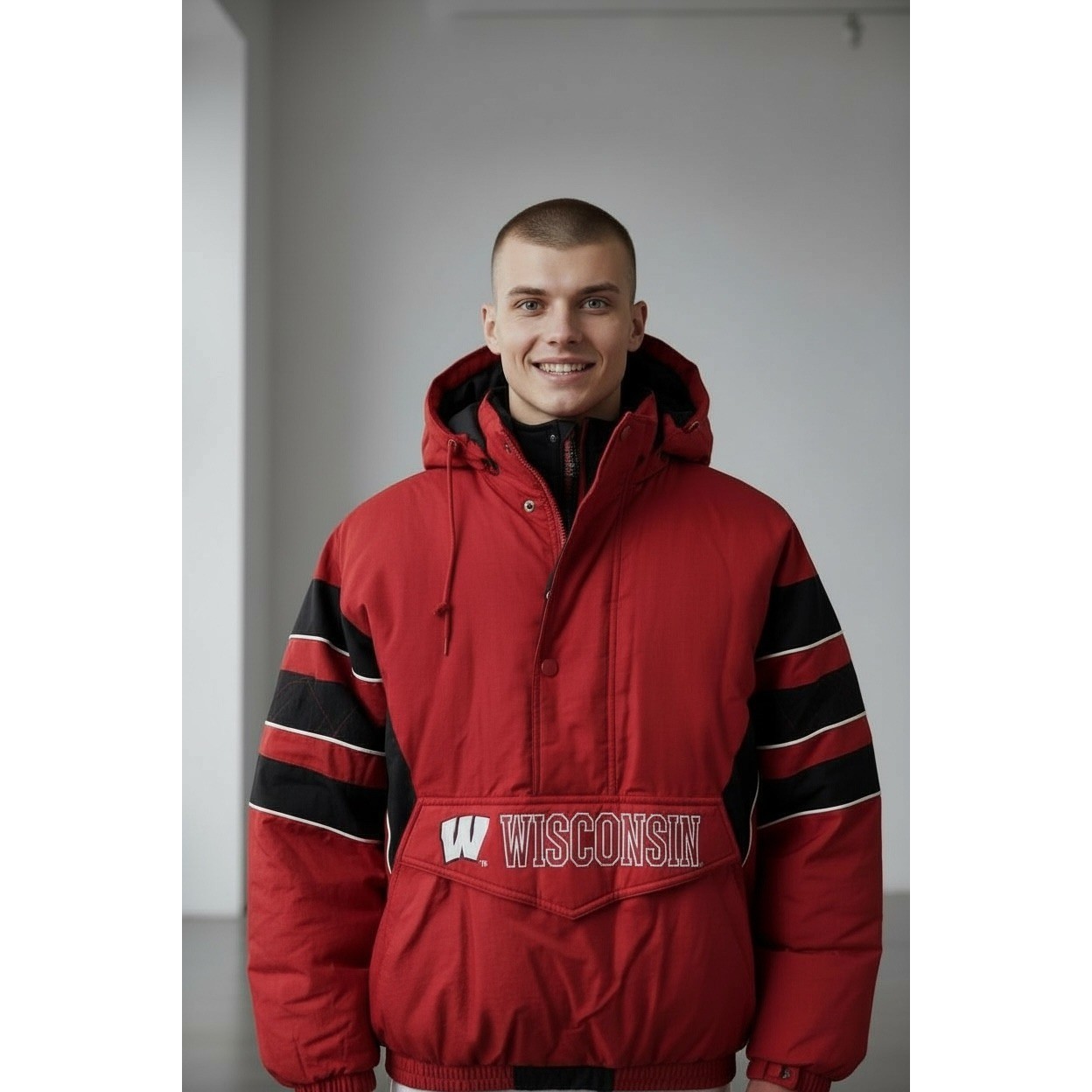 Starter Wisconsin Badgers Puffer Anorak Jacket Mens XL Red Black White Spellout