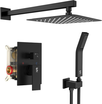 SR SUN RISE Black Square Rainfall Shower Head and Handle Set, Wall Mounted Showe