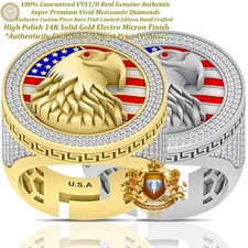 VVS1/D Moissanite  Patriotic American Flag Eagle 14K Gold Finish Men's Ring Band
