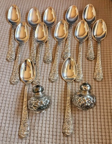 12 Gorham Sterling Silver Repousse Spoons + Salt & Pepper - 578 grams