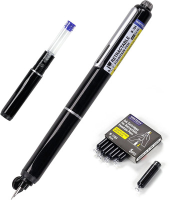 Retractable Fountain Pen Set: Fine Nib Black Ink Pens Includes 5 Ink Cartridges