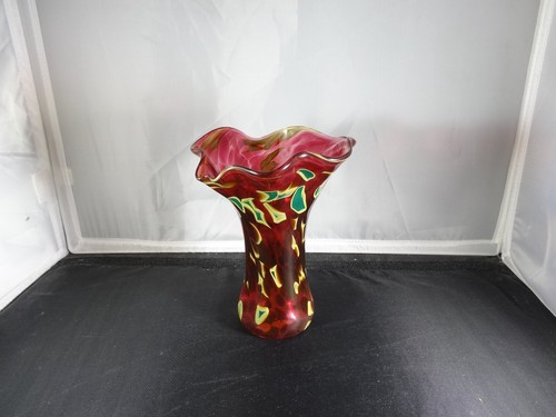Glass Eye Studio Cranberry Multi Color Ruffled Vase- Iridescent  Please Read - Picture 1 of 4