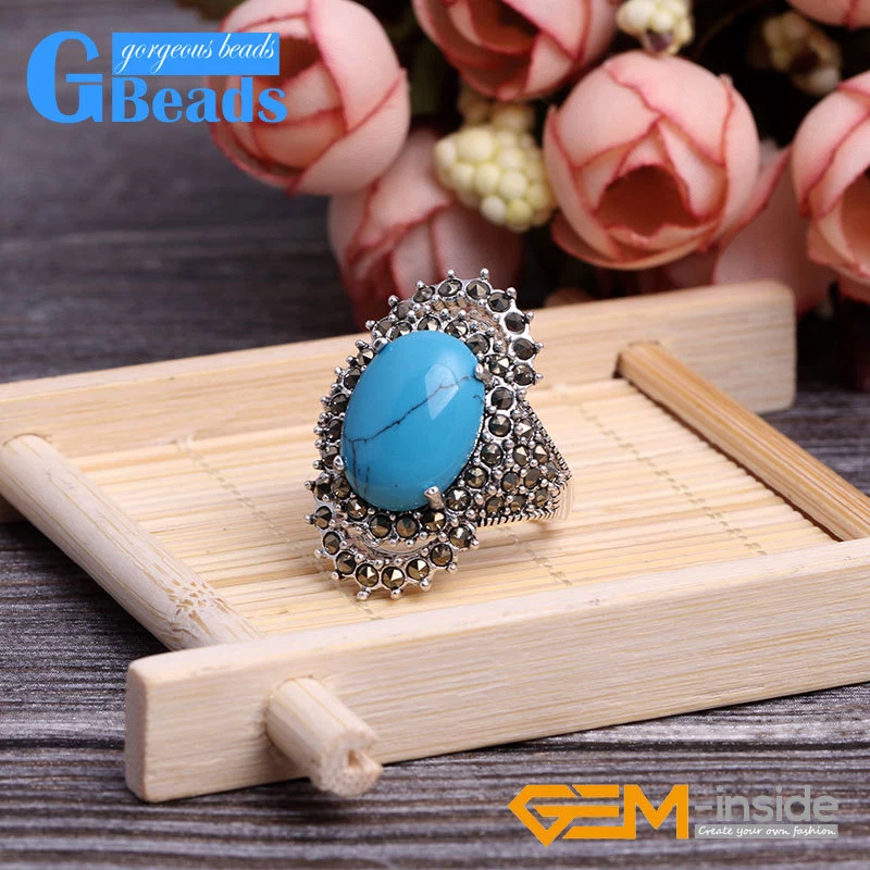 Anillo de marcaita de plata tibetana cuentas de piedra ovaladas de 12x16 mm arenisca azul encanto regalo Foto 3 de 4