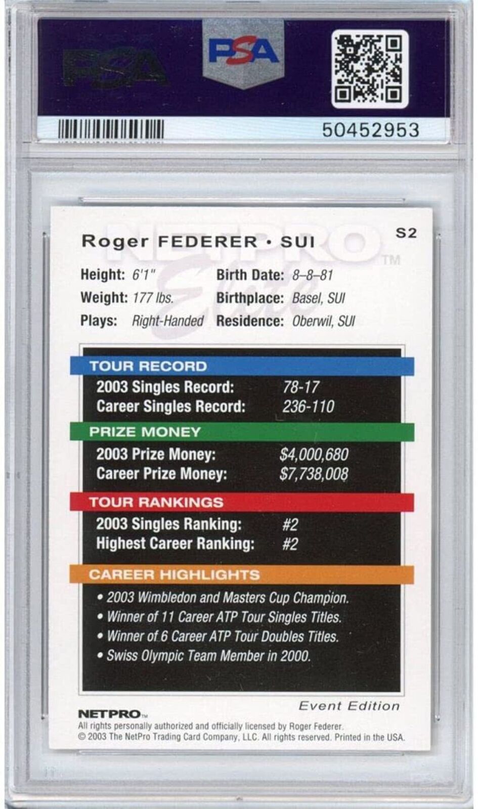 Graded 2003 Netpro ROGER FEDERER #S2 Event Starter Rookie RC Tennis Card  PSA 10