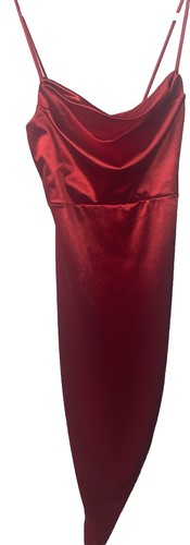 Red Satin Bodycon Dress Spaghetti Straps Cowl Neck Nylon Stretch Formal Gown