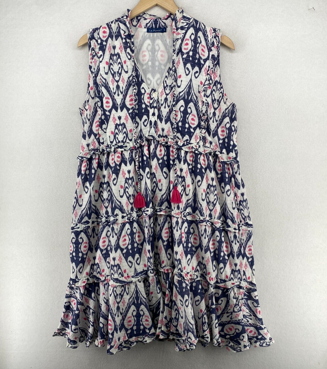 LA PLAGE Dress L Tassel Tie Neck Tiered Sundress Cover Up Boho  