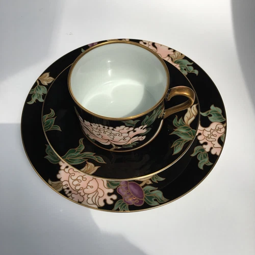 FITZ AND FLOYD Peony Cloisonne Black Gold Trim 3 Piece Set Dessert Cup Saucer