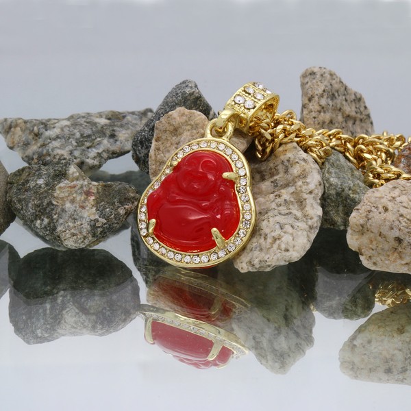 Alternate view of 14k Gold Plated Red Jade Buddha Pendant Cubic-zirconia Cuban Chain 24" 27" 30"