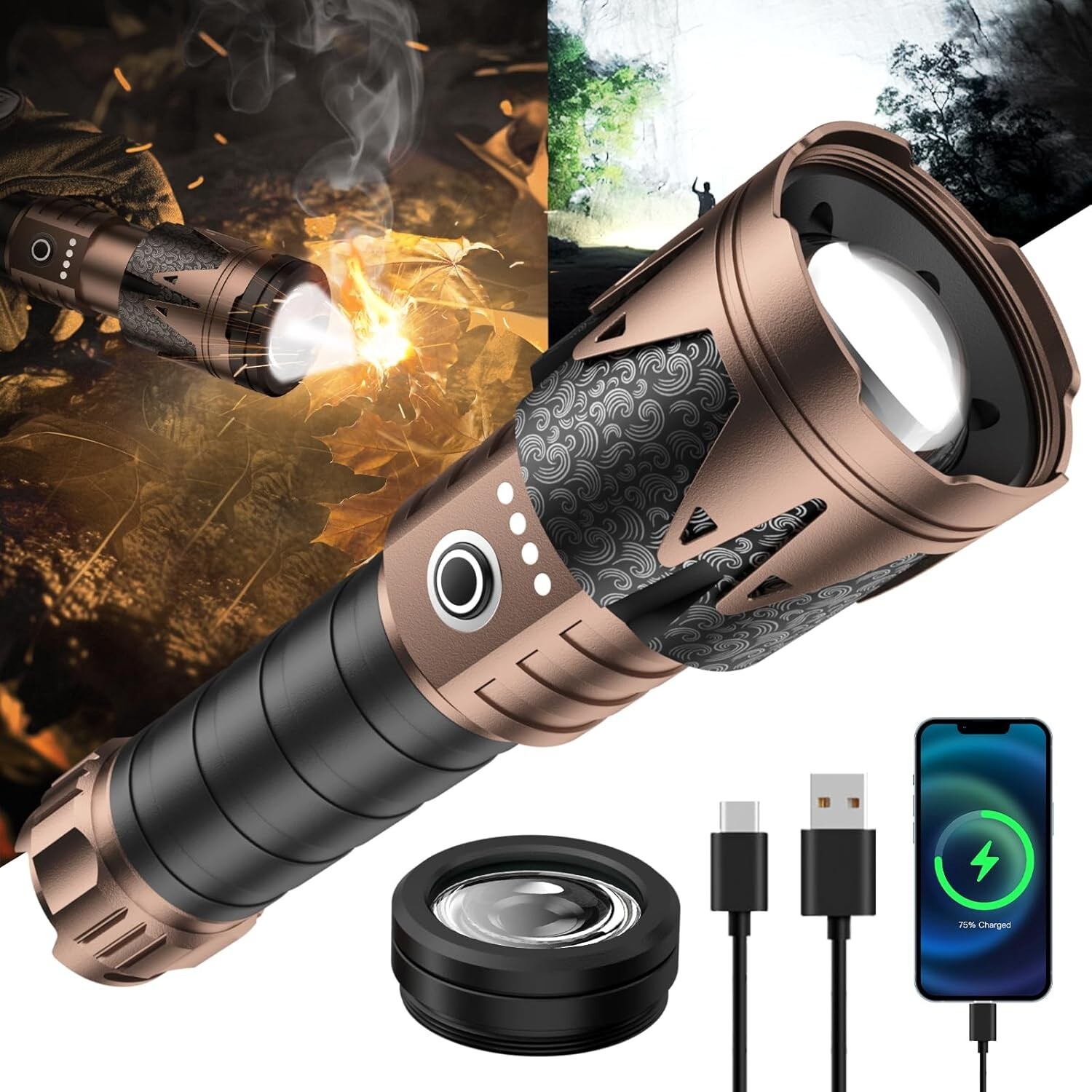 Tactical LED Flashlight with Ignition Lens & 12000 Lumens - Camping Essential