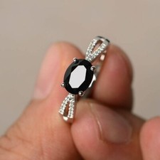 1.2ct Oval Black Simulated Diamond Ring 14k White Gold Plated Split Shank Women