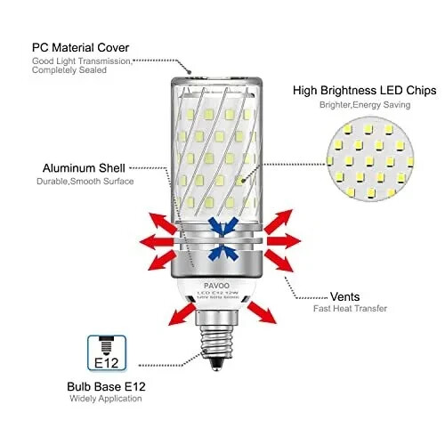 E12 Led Light Bulbs 12w Led Candelabra Bulbs 100 Watt Equivalent 1200lm 6000k Da - Picture 4 of 8