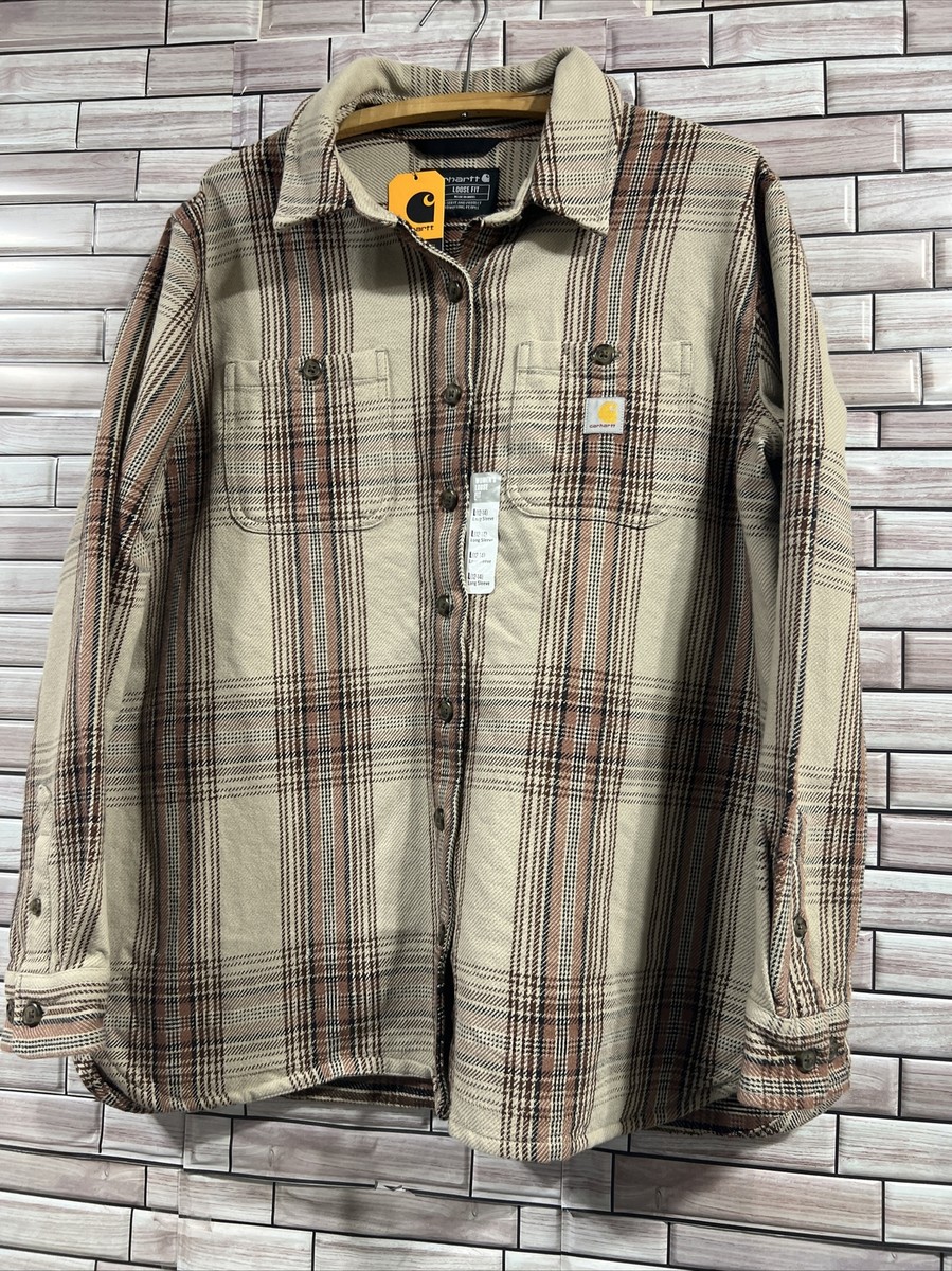 Carhartt Womens L Shirt Jacket Loose Fit Beige Plaid Heavyweight Twill Work  NWT