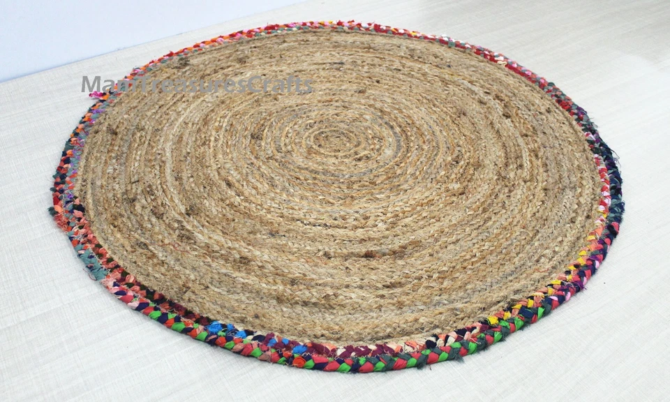 Colorful Braided Rug Bohemian Décor Indian Handmade Braided Chindi Jute Rug - Image 3 of 4