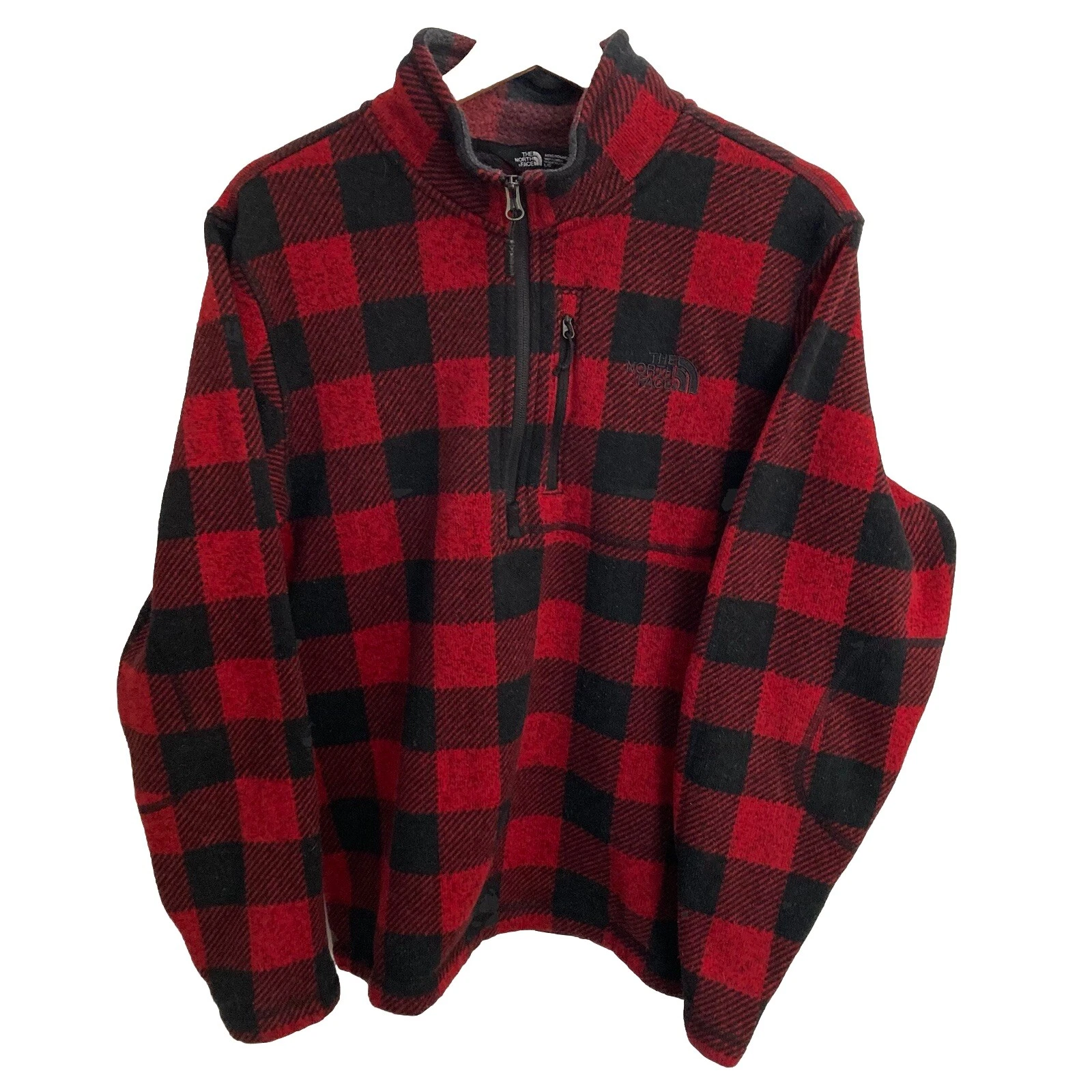 The North Face 1/4 Zip Buffalo Plaid Fleece Pullover Jacket Mens Large Red Black