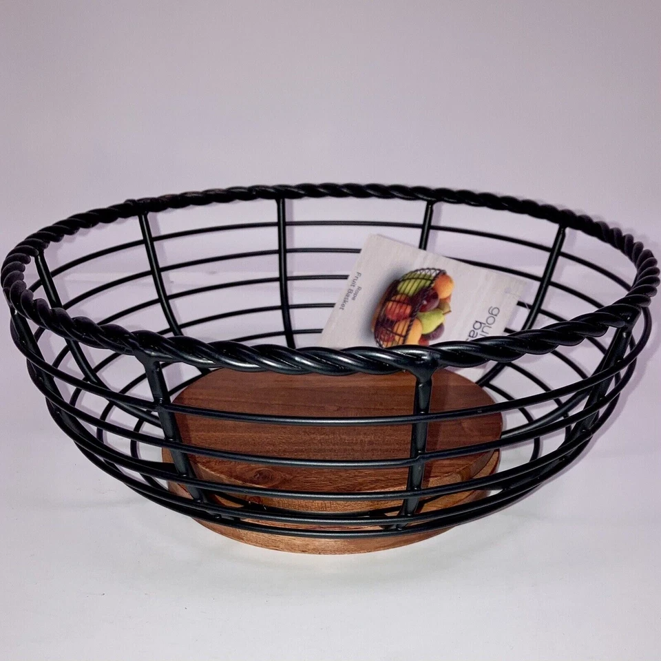 Mikasa Gourmet Basics Wrought Iron & Acacia Wood Rope Round Fruit Basket 5”x11” - Image 2 of 4