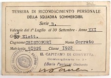 REGIA MARINA MILITARE TESSERA SQUADRA SOMMERGIBILI 2° GRUPSOM XXI° 1943  
