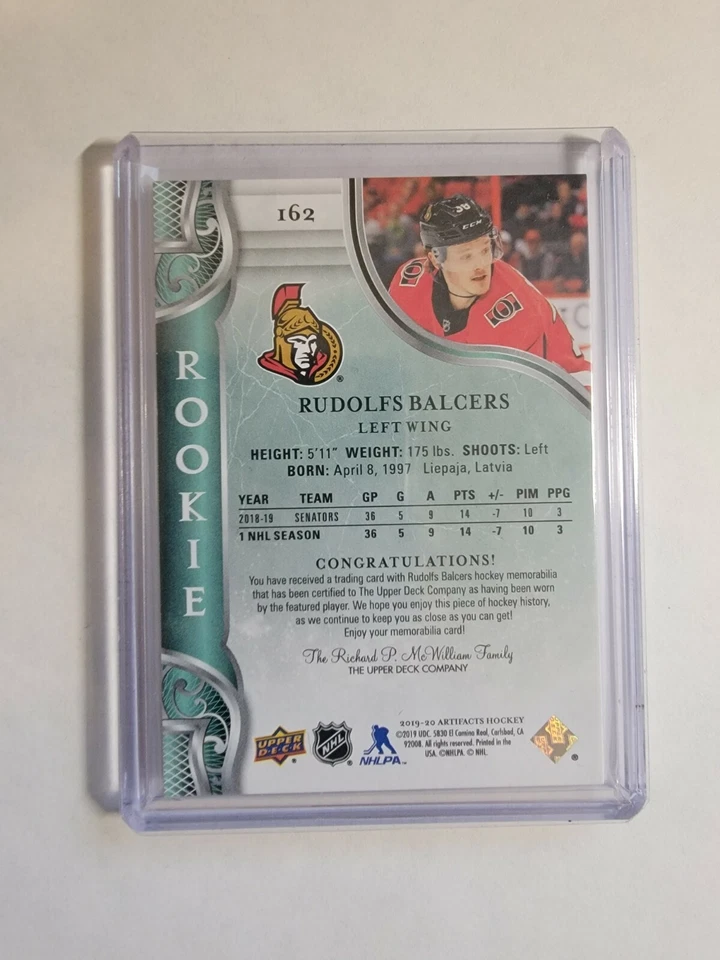 2019/20 UD ARTIFACTS RUDOLFS BALCERS #162 ROOKIE DUAL PATCH PURPLE /49 SENATORS - Image 2 of 2