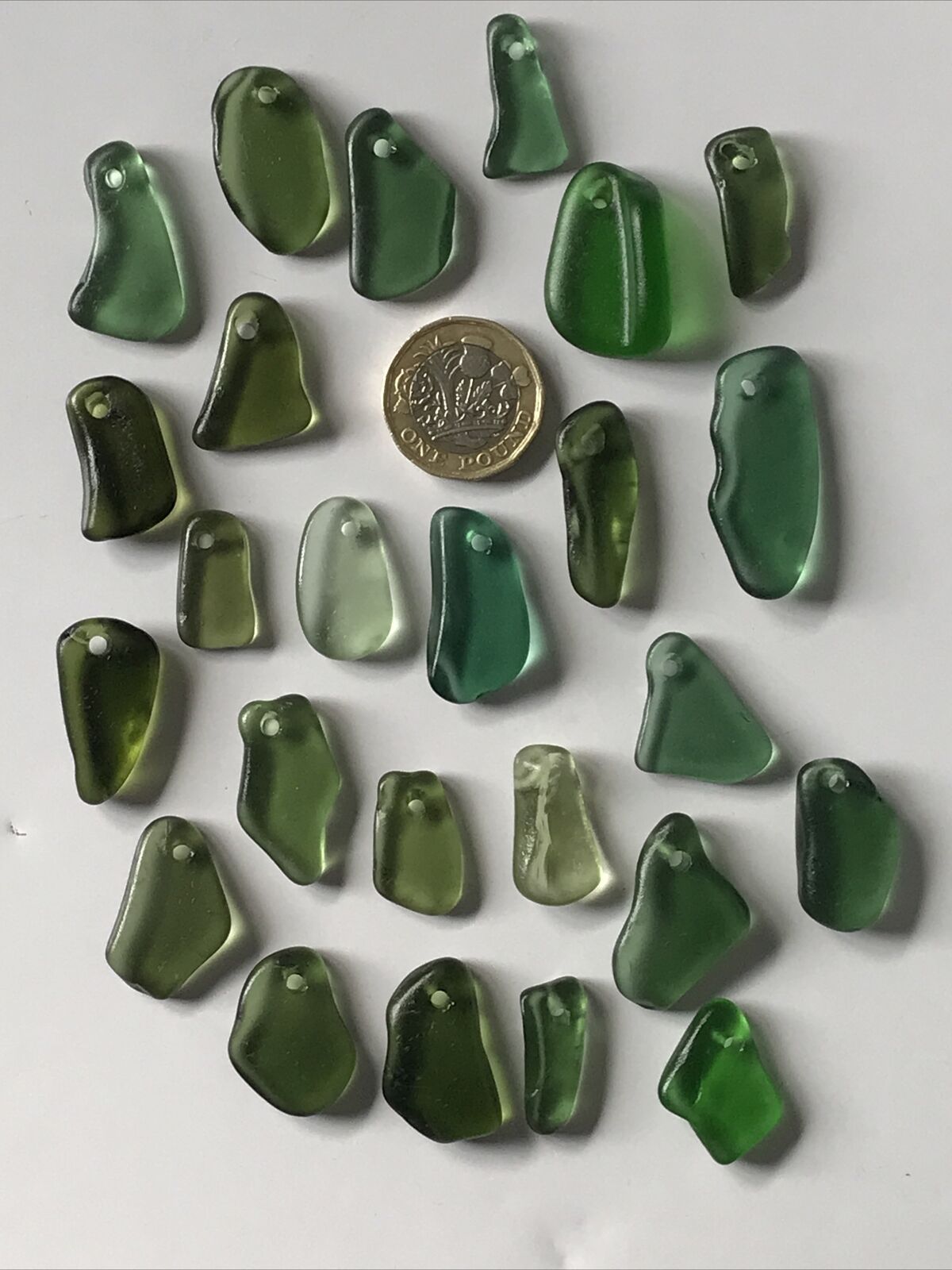 25 top drilled pieces of Scottish Sea glass Shades Of GREEN   # 2
