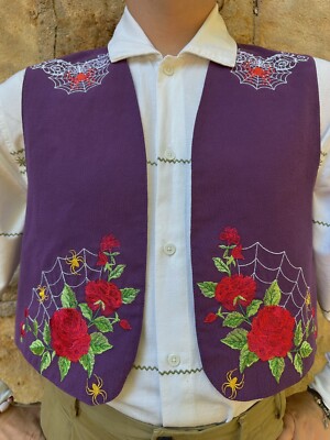 Purple Unisex Vest Embroidered Skulls Spiders Handmade Boho Ethnic Festival Styl