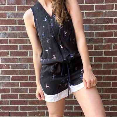 Tibi Blue Silk Pelican Bird Shorts Romper Drawstring at waist Size 4