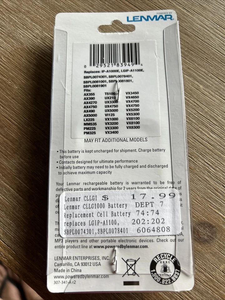 Batería de iones de litio para teléfono celular Lenmar CLLG1000 3,7 V 900 mAh nueva sellada Foto 4 de 4