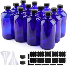 12 Pack 16 oz Cobalt Blue Glass Bottles, Boston Round Sample Bottles with Bla...