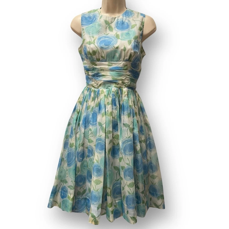 1950s Blue Rose Chiffon Party Tea Dress XS 24” Waist Full Skirt USA Floral VNTG - Image 2 of 4