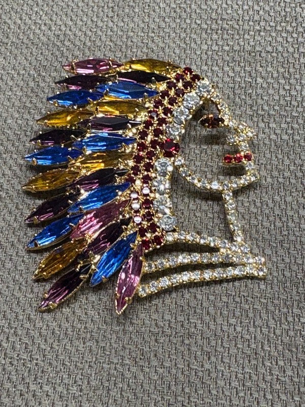 Dominique Brooch Pin Indian Chief Multi Color Vintage Brooch Signed