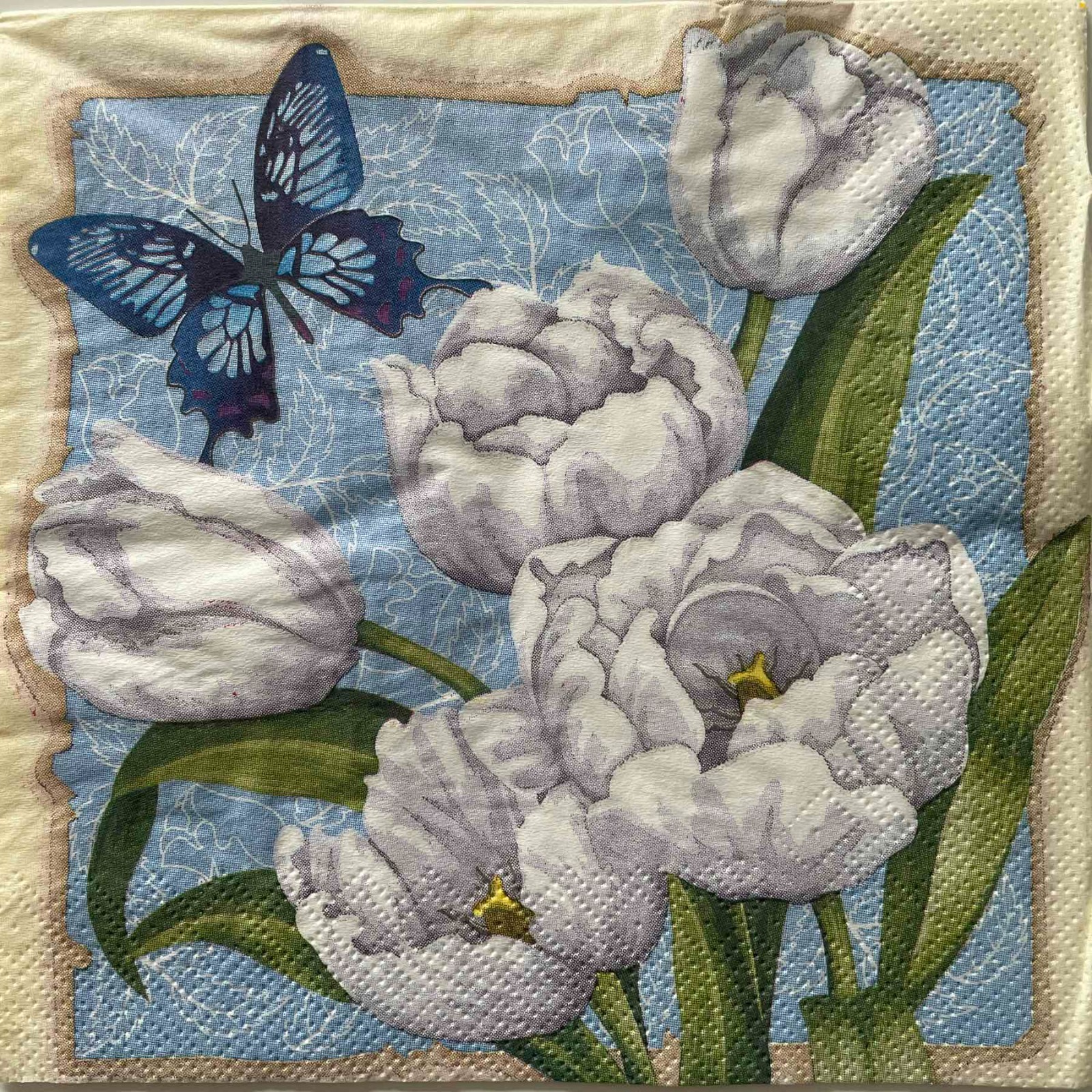 4 Luncheon paper napkins White Tulips Butterfly Spring Flowers for decoupage