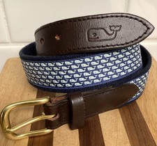 Vineyard Vines Club Boys Belt Whale Canvas Size 28 Navy Blue Leather Silk Brass