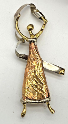 Dancing Woman Brooch Mixed Metals Ballet Dance Pin Gold, Silver, Copper-toned 4''